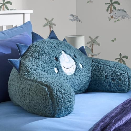Image of OHS Cuddle Cushion for Kids Dinosaur Character, Comfy Reading Pillows Super Soft Fleece Back Support Cushion with Arms Snuggle Hug Pillow Relaxing Comfy Sit Up in Bed Pillow, Blue - 45 x 40 x 30cm