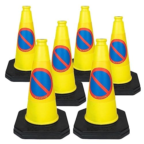 Image of 6 x 460mm High "No Waiting" Traffic Cones in Yellow - Strong and Durable Outdoor Cones with Very Low Centre of Gravity - U.K Made Safety Cones