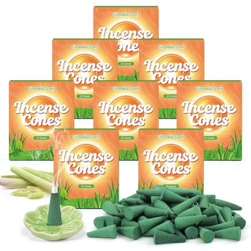 Image of DERDUFT Citronella Incense Cones 120 Pack with Ceramic Holder, Fresh Citronella Lemongrass Scent, Outdoor Cone Incense for Patio Balcony Tabletop Garden Travel, Around 10 Minutes per Cone