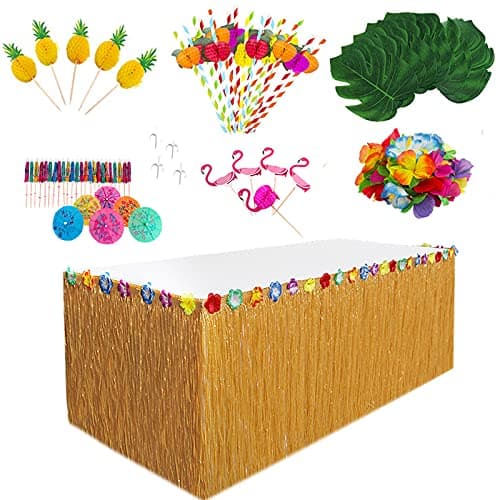Image of HBell 87pcs Hawaiian Grass Table Skirt Set for Tropical Party Decoration,Palm Leaves Hawaiian Flower Garland Colored Umbrellas Paper Pineapples 3D Fruit Straws,for Summer Beach Tiki Party Garden BBQ