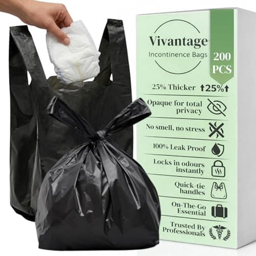 Image of 200 Pack Adult Nappy Bags | Large Black Adult Nappy Sacks, Strong, Disposable & Unscented | 25% Thicker | Nappy Disposal Bags, Nappy Bag, Sanitary Disposal Bags, Incontinence Nappy Sacks UK Made