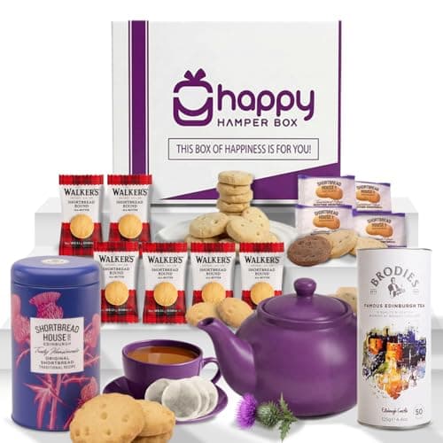 Image of Happy Hamper Box - Scottish Afternoon Tea Hamper Gift Set x 12 Pcs includes Edinburgh Tea, Shortbread Tin, 10 Shortbread Packs | Luxury Hamper Gifts for Women Men, Fathers Day, Birthday, Anniversary