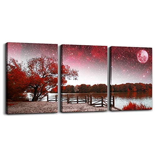 Image of Wall Art for living room Canvas Prints bedroom Wall Decor for bathroom artwork Abstract Painting Red tree moon landscape paintings 12" x 16" 3 Pieces Modern framed office Home decorations for kitchen