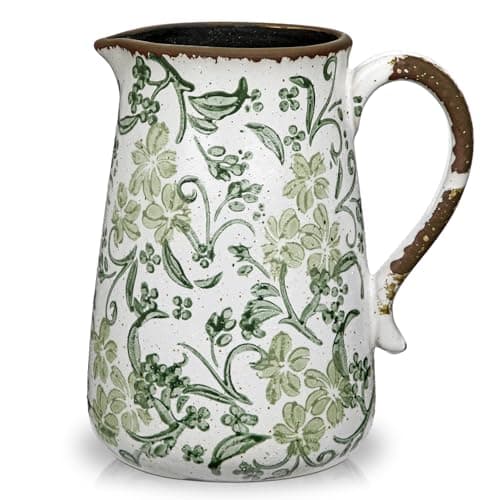Image of Oairse Ceramic Rustic Farmhouse Vase 7.9" Green and White Vase for Centrepieces Chinoiserie Vases Pottery Jug with Handle French Country Decor Vintage Vases for Living Room Kitchen Dinner Table
