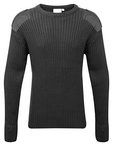 Image of Adults Crew Neck Military Army Security Pullover Jumper Commando Sweater Police MOD NATO SAS Knitted with Patches Black Navy Blue Olive Green (XL, Black)