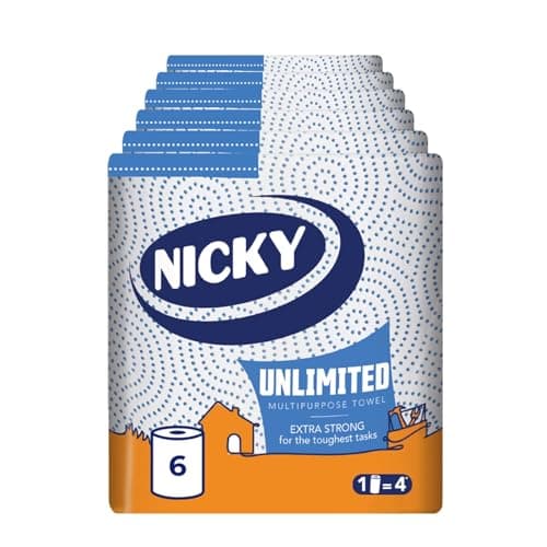 Image of Nicky Unlimited Multipurpose Towel – 6 Rolls Per Pack, 3 Ply Roll, 250 Sheets per Roll, 1500 Sheets per Pack, Easy Opening Pack, Extra Strong, Indoor or Outdoor Use, 30% Recycled Packaging