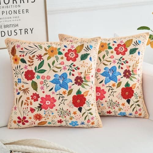 Image of HZYKDWD Floral Pillow Covers 45x45 cm Set of 2,Beige Farmhouse Floral Pillow Covers Decor Double Sided Pattern Cushion Cover Soft Pillow Case Living Sofa Room Bed Porch Patio Square Pillow Cover