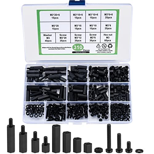 Image of 310 Pcs M3 Male Female Nylon Hex Standoff Spacer Nut Threaded Pillar Standoff Screws Spacers Washers Assorted Assortment Kit, for PCB Board Motherboard DIY Use (black)