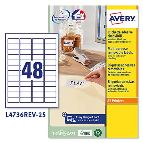 Image of Avery Removable, Printable, Multi Purpose Labels, Multi Surface, 45.7 x 21.2 mm, White, 48 Labels per Sheet, 1200 Blank Labels per Pack (L4736REV-25)