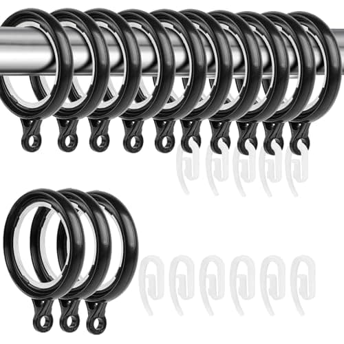 Image of 40 Pack Curtain Rings and Hooks, Black 36mm Hanging Rings Hooks Plastic Black Curtain Rings with Hooks for Hanging Curtains Drape Sliding Eyelet Rings