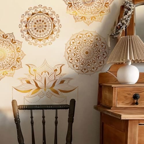 Image of Runtoo Mandala Wall Stickers Boho Large Gold Lotus Floral Wall Decal Peel and Stick Bedroom Living Room Yoga Headboard Decor