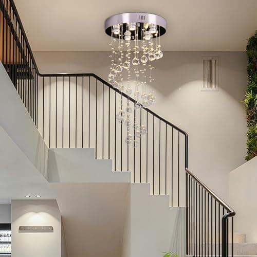 Image of FRIXCHUR Spiral Crystal Chandelier 31" Modern Raindrop Flush Mount Pendant Light for High Ceilings 5-Lights K9 Crystal Ball Chandeliers for Dining Room Kitchen Hallay