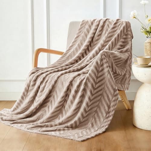 Image of Whale Flotilla Flannel Fleece Throw Blanket for Sofa, 130x150 CM Soft Fluffy Velvet Sofa Blanket with Decorative Chevron Pattern for All Season, Warm and Lightweight, Champagne