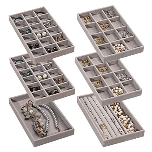 Image of Frebeauty Jewellery Organiser Tray,Stackable Velvet Jewellery Trays,Drawer Inserts Earring Organiser For Women Girls Jewellery Storage Display Case for Rings Stud Necklaces,Set of 6(Grey)