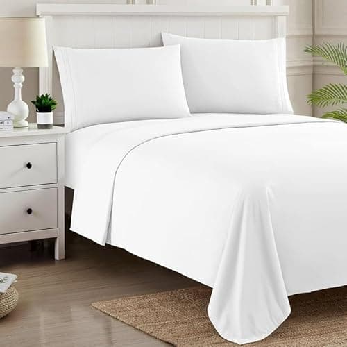 Image of Flat Sheet Super King Size 100% Egyptian Cotton 200 Thread Count Super Soft Luxury Top Bed Sheet, White Hotel Quality Plain Bedding Sheet, Wrinkle & Fade Resistant