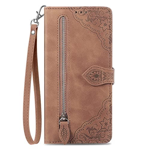 Image of NEXCURIO Zip Wallet Case Compatible with Apple iPhone XS MAX Phone Case Wallet with Credit Card Holder Strap Stand Women Leather Flip Case Floral Folding Cover Shockproof - Brown
