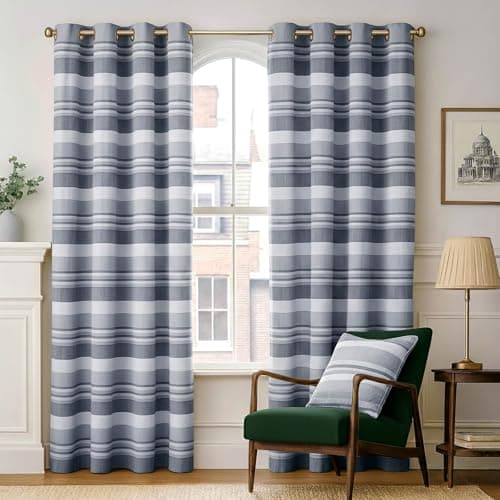Image of HOMESCAPES 1 Pair of Morocco Ribbed Stripe Curtains 100% Cotton Ring Top (167 x 228 cm (66" x 90" Drop), Monochrome)