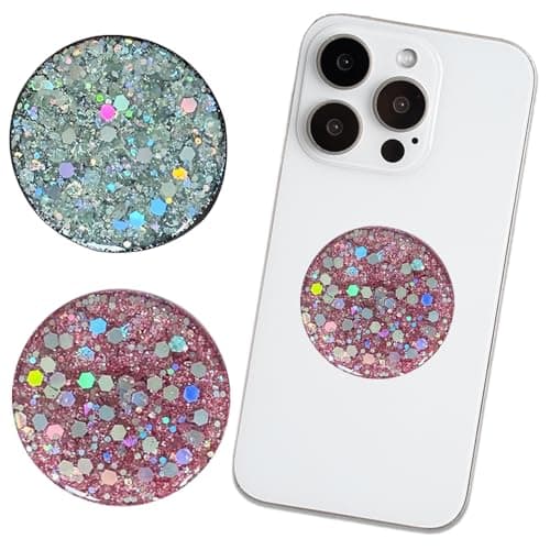 Image of Set of 2 Circular Phone Grip Holder with Ring Stand, Finger Grip for Back of Phone - Compatible with Smartphones, Cases, Silver & Pink (Style 2)