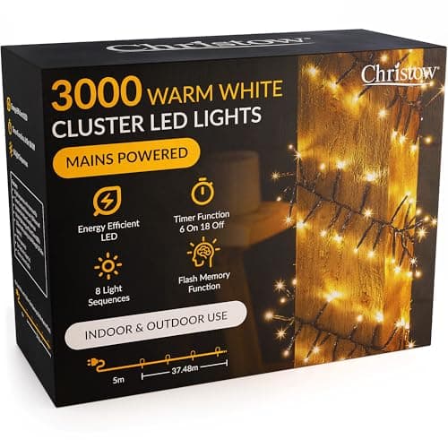 Image of CHRISTOW 3000 LED Cluster Christmas Tree Lights, Warm White Fairy Lights with Timer, 8 Light Modes, Energy Efficient 3mm Micro LEDs, Indoor & Outdoor, Mains Powered, Green Cable, 37.48m Lit Length