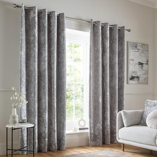 Image of Catherine Lansfield Crushed Velvet 90x90 Inch Lined Eyelet Curtains Two Panels Silver Grey