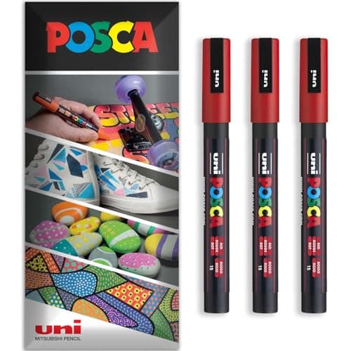 Image of Posca Water Based Acrylic Paint Marker Pens | Multi Surface Use Permanent Paint Pen | Pack of 3 Pens in Envelope Gift Packaging | Glass, Fabric, Canvas, Wood etc | PC-3M, Red