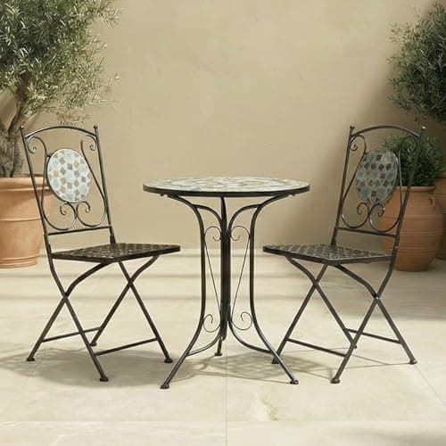 Image of CHARLES BENTLEY Garden Blue Mosaic 3 Piece Dining Set, With Folding Chairs, Outdoor, Patio, Conservatory, Foldable Chairs, Antirust Finish, Interwoven Seat, 2 Person, Round Table, Robust (60x60x91cm)