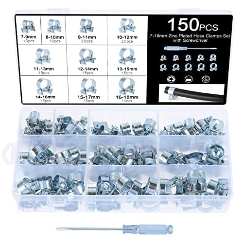 Image of Faankiton 150PCS Hose Clamps Set, 7-18mm Zinc Plated Fuel Injection Hose Clamps Clips, Adjustable Pipe Hose Clip Tube Clamps for Washing Machine Sewer Pipes, Wire, Hoses with One Slotted Screwdriver
