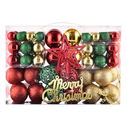 Image of 102-Piece Christmas Baubles Set – Red, Gold & Green Tree Ornaments with Treetop Star & Merry Christmas Sign – Shatterproof Hanging Ball Decorations for Xmas Trees, Home, Parties & Holiday Décor