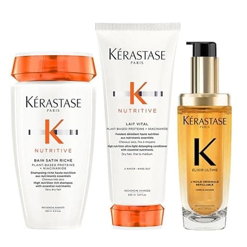 Image of KÉRASTASE Elixir Ultime L'Huile Originale Hair Oil Refillable 75ml, Nutritive Bain Satin Riche 250ml, Nutritive Lait Vital 200ml