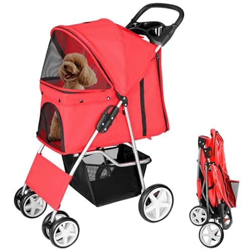 Image of display4top Pet Travel Stroller Dog Cat Pushchair Pram Jogger Buggy With 4 Wheels (Red)
