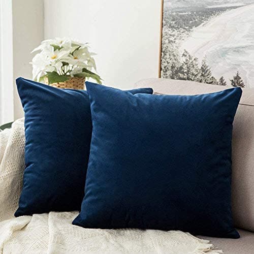 Image of MIULEE Velvet Soft Soild Microfiber Decorative Square Pillow Case Throw Cushion Cover for Sofa Bedroom with Invisible Zipper 16x16 Inch 40x40cm Navy Blue Set of 2 Lined