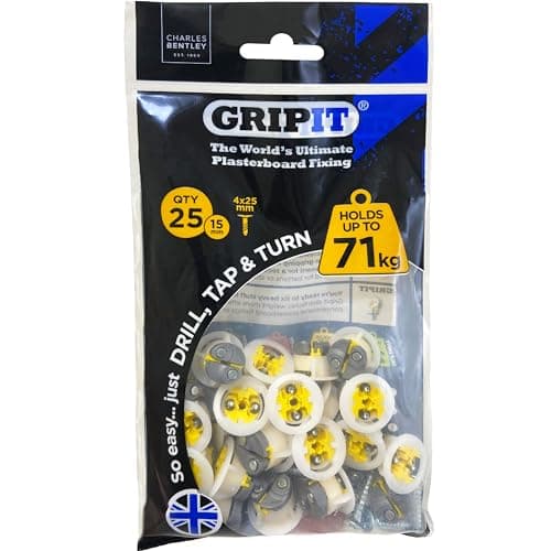Image of Gripit Yellow Plasterboard Fixings - Pack of 25 - Heavy Duty Stud Wall fixings - Plasterboard Anchors - Ideal for Blinds, Curtains, Mirrors & Frames - Easy Install - Holds Up to 71kg - UK Designed