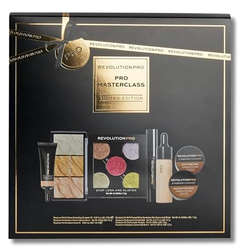 Image of Makeup Revolution Pro Masterclass Set - The Ultimate PRO Glam Kit for Party-Ready Looks with Full Coverage Concealer, Glitter Eyeshadows, Eyebrow Cushion, Foundation Drops, Highlighter