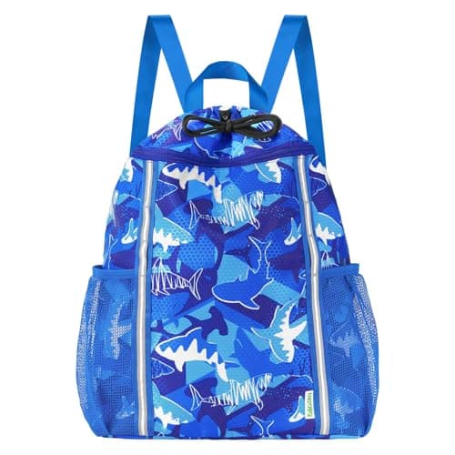 Image of WAWSAM Kids Gym Drawstring Backpack String Bag, Shark Sports Gym Bag for Kids Boys Waterproof Swimming Beach String Cinch Backpack with Two Water Bottle Pocket