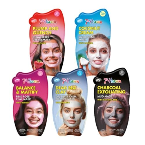 Image of 7th Heaven Hydrating Face Mask Pack with Dead Sea Clay, Strawberry Cream, Pink Rose, Charcoal Mud and Coconut Cream To Hydrate, Clean And Nourish Your Skin, 5 Count (Pack of 1)