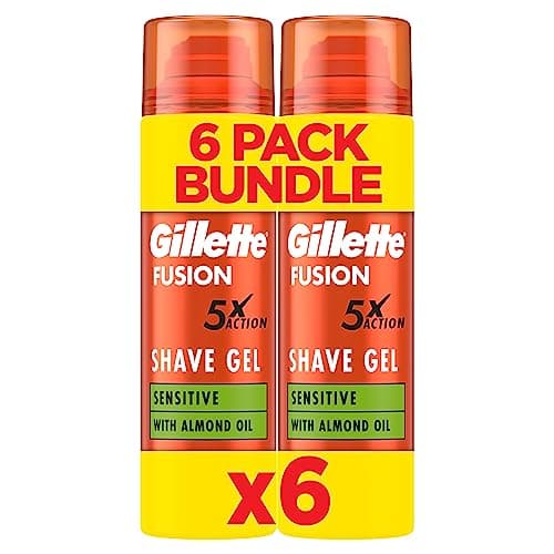 Image of Gillette Fusion Shave Gel for Men with Almond Oil, for Sensitive Skin, 5X Action: Cleanses, Hydrates, Protects, Refreshes, and Soothes, 6x200ml