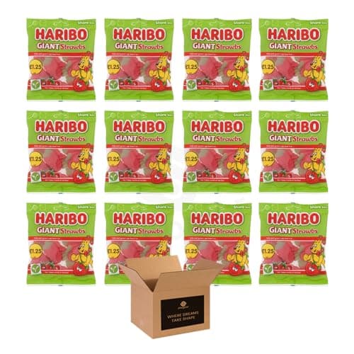 Image of Sweets Share Size Bags | Sweet & Sour Jellies, Gummy Candy & Chewy Treats for Kids & Adults | Party, Halloween, Xmas Gift Snacks (Haribo Giant Strawbs PM £1.25-140g x 12Pack)