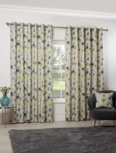 Image of Camarillo Floral Eyelet Curtains 46 x 72 Ochre Lined Watercolour Flowers