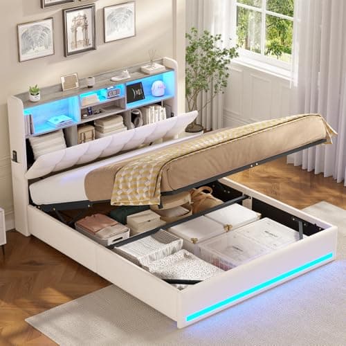 Image of AOGLLATI King Size Ottoman Bed Frame,5ft Upholstered Storage Bed with Hydraulic Storage and Charging Station Upholstered Platform Bed frame with Storage Headboard & Led Lights(Beige, King-150x200cm)