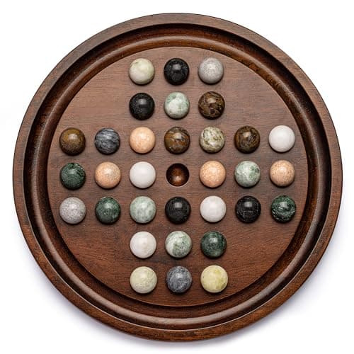 Image of Deluxe Solitaire Playset: 12.6 Inch Solid Wooden Board, 32 Natural Marble Balls, Single Player Strategy and Thinking Games