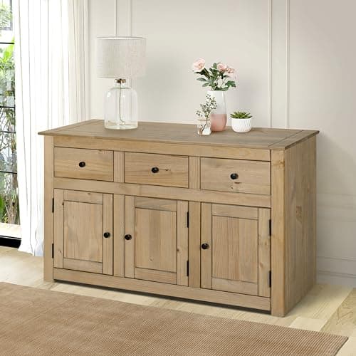 Image of Mews Panama Sideboard 3 Door 3 Drawer Solid Pine Wood Waxed Oak Finish