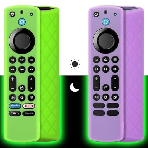 Image of Pinowu Silicone Remote Case (2pcs, Glow in the Dark) for Firestick 4K Max/Hisense/Toshiba/Insignia/Pioneer/Omni (QLED) Series Alexa Voice Remote Enhanced w/Lanyard (Green + Purple)