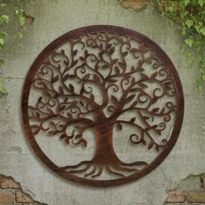 Image of Round Tree of Life Metal Wall Art, Copper-Finish, Decorative Garden Wall Hanging, 40cm powder coated