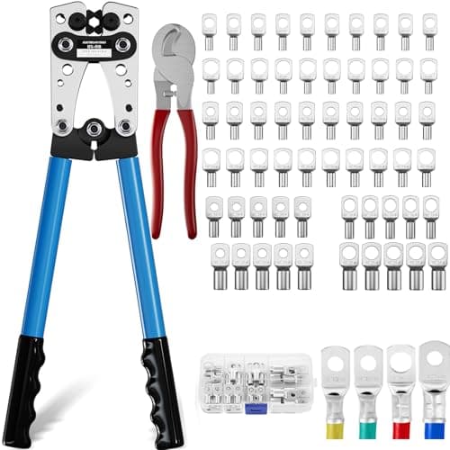 Image of Koolcover Battery Cable Crimping Tool Kit, Heavy Duty Wire Crimping Tool with 60 PCS Copper Ring Terminals, Tubular Cable Lug Pliers for Battery Cables 6/10/16/25/35/50 mm² (HX50B Crimper+terminals)