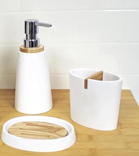 Image of Showerdrape Sonata White & Bamboo 3 Piece Bathroom Accessory Set