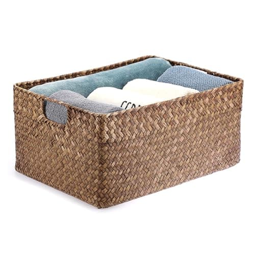 Image of IGNPION Seagrass Storage Opened Basket Living Room Decorative Baskets Woven Wicker Towel Basket Rectangular Bathroom Storage Organiser Box, Shelves & Desks Multipurpose Storage Hamper, XL