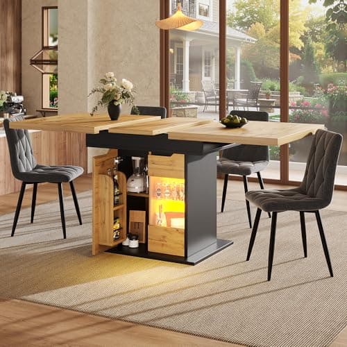Image of FammyLoft Extendable Dining Table 110–140cm, Wooden Kitchen Table for 4–6 People, Space Saving Dining Table with LED Lighting, Snack Shelf & Storage Cabinet, Telescopic Table for Kitchen, Black
