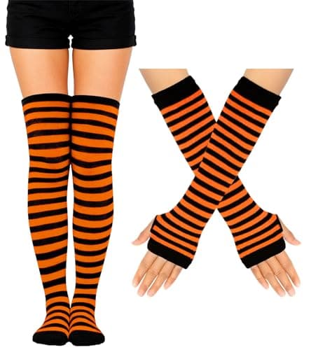 Image of BAOKELAN Striped Knee High Socks for Women Over Knee Socks and Fingerless Gloves Set Orange Black