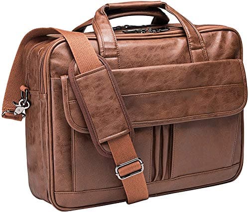 Image of seyfocnia Mens Laptop Bag, PU Leather Messenger Bag Water Resistant Business Travel Briefcase, Work Computer Bag Satchel Bag for Men（17.3 Inch Brown）