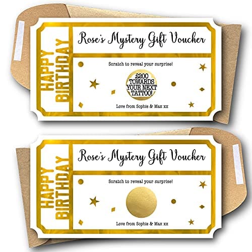 Image of Personalised Metallic Gold Mystery Birthday Gift Voucher - Surprise Scratch Card Coupon Ticket With Envelope | Unique Gifts For Friends Family Wife Husband Boyfriend Girlfriend